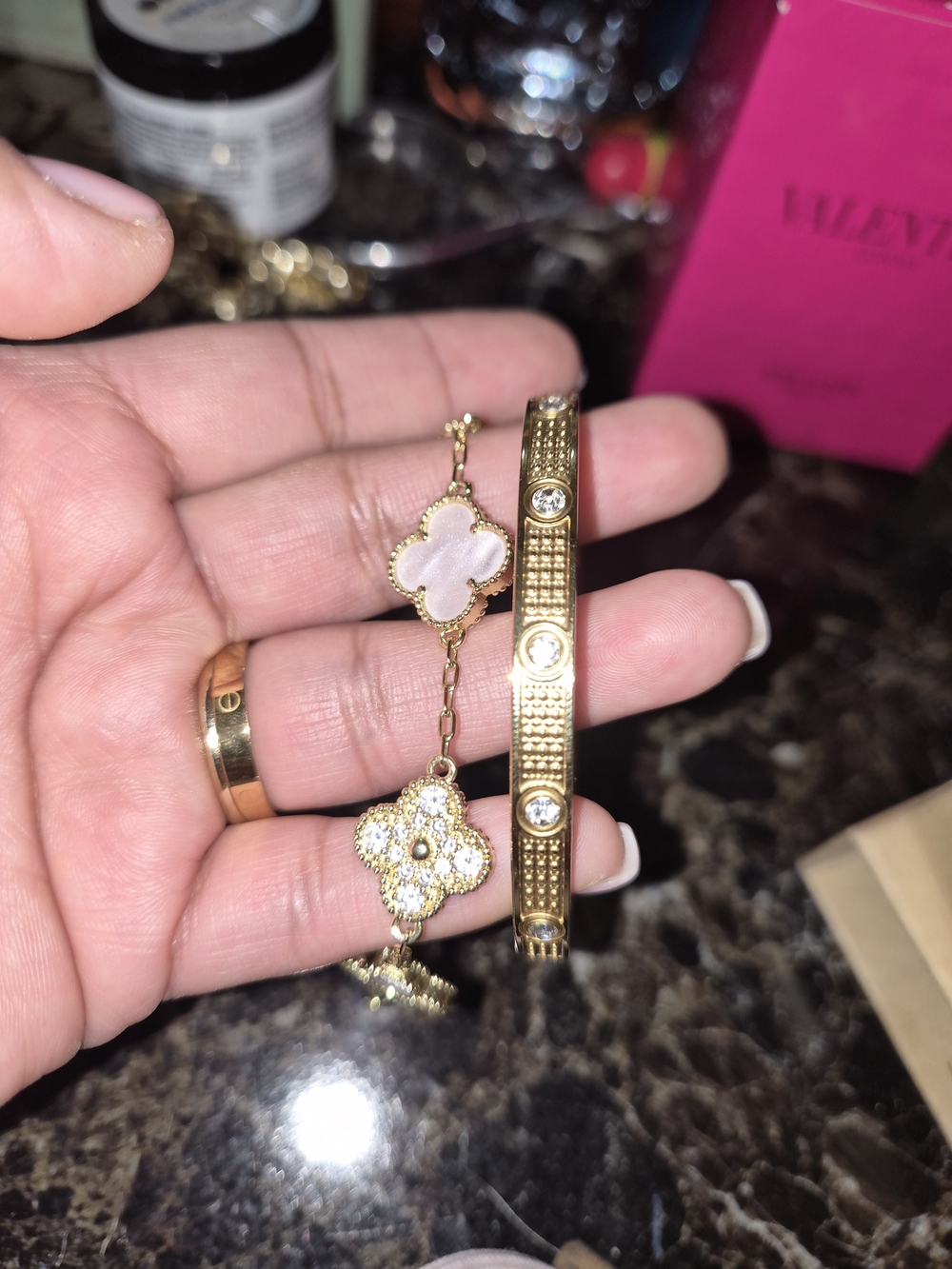 Gold-Tone Pink Mother-of-Pearl Flower Bracelet Set
